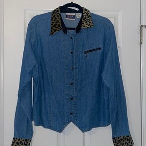 Denim Bill Blass long sleeve shirt with animal print collar and details